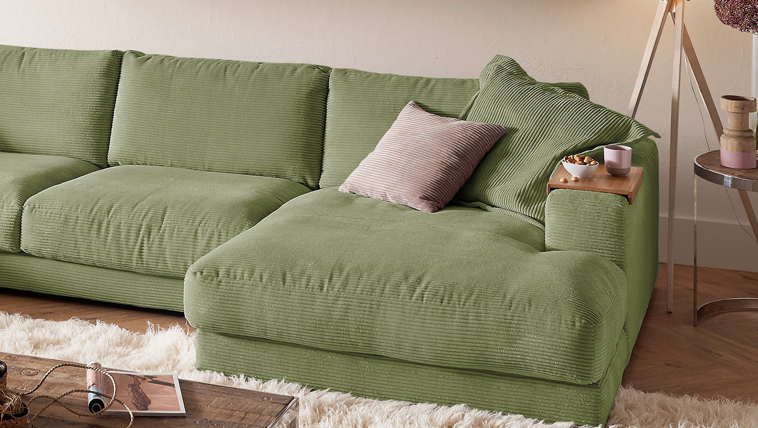 KAWOLA Sofa MADELINE Wohnlandschaft U-Form Cord olivgrün