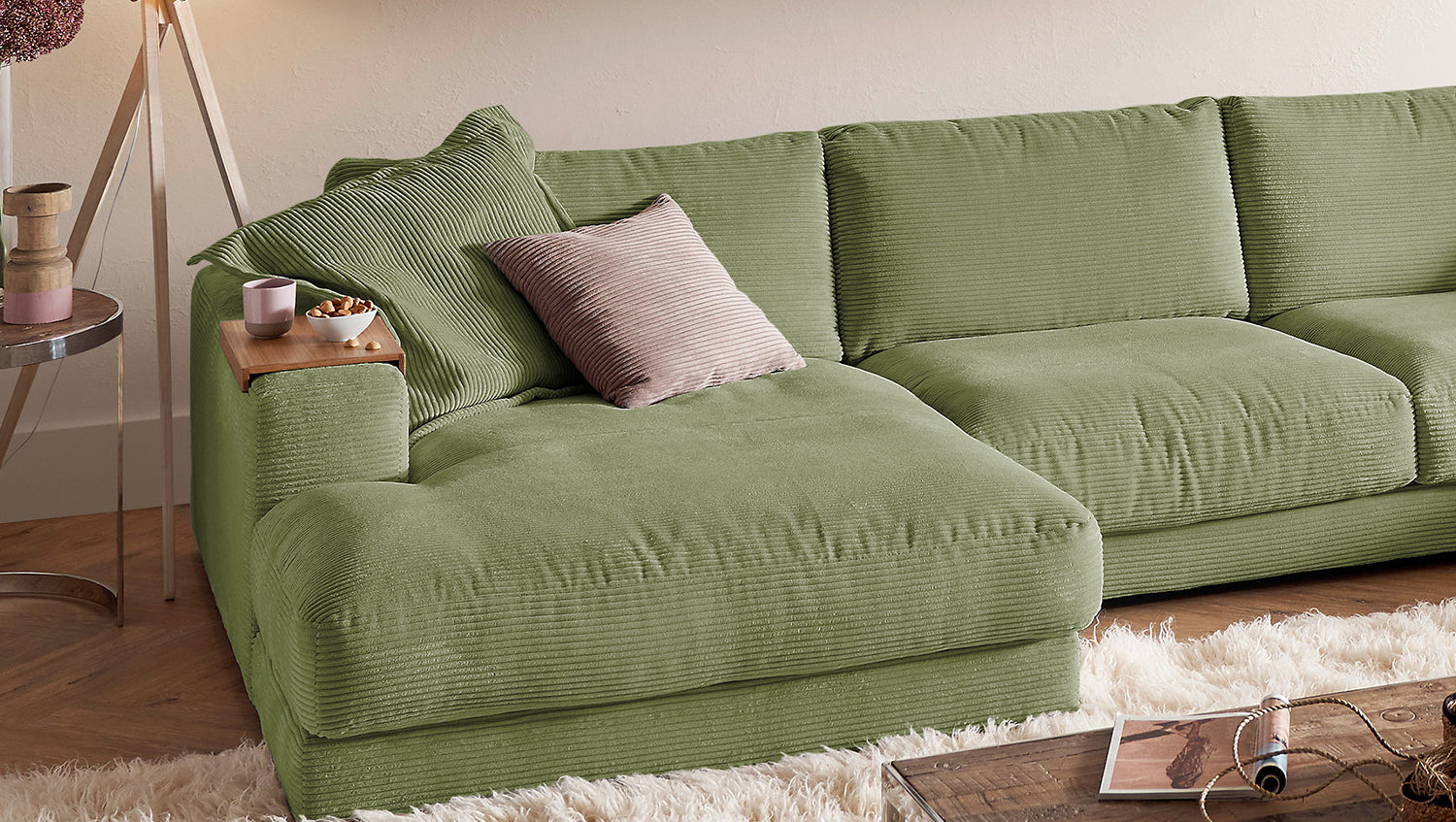 KAWOLA Sofa MADELINE Wohnlandschaft U-Form Cord olivgrün