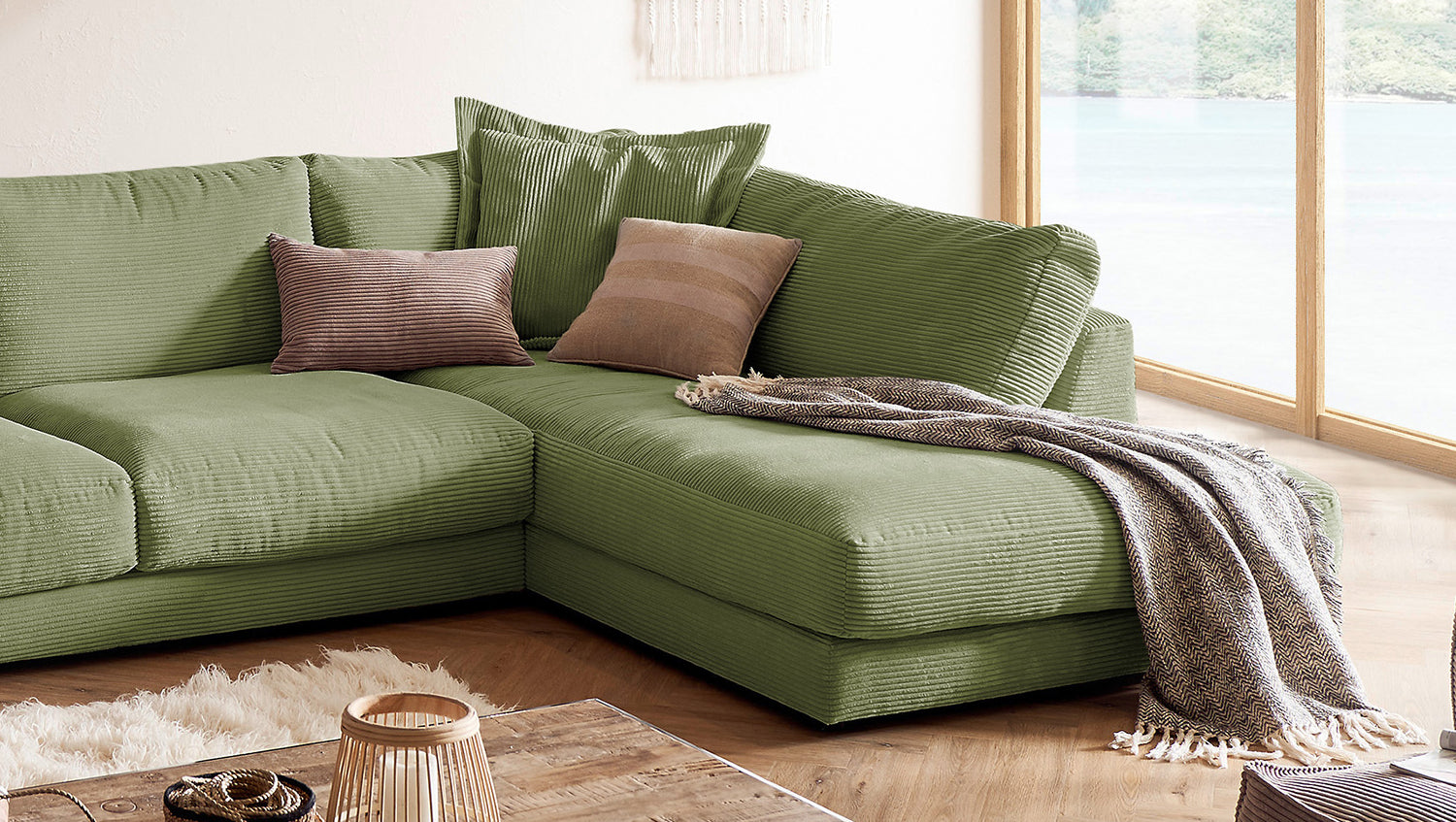 KAWOLA Sofa MADELINE Wohnlandschaft U-Form Cord olivgrün