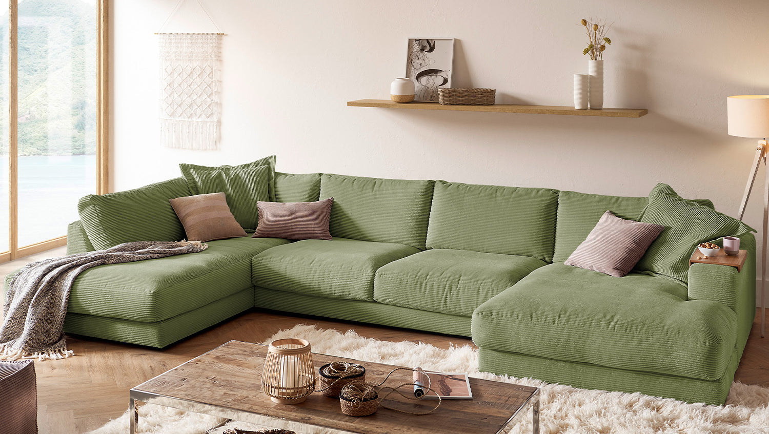 KAWOLA Sofa MADELINE Wohnlandschaft U-Form Cord olivgrün