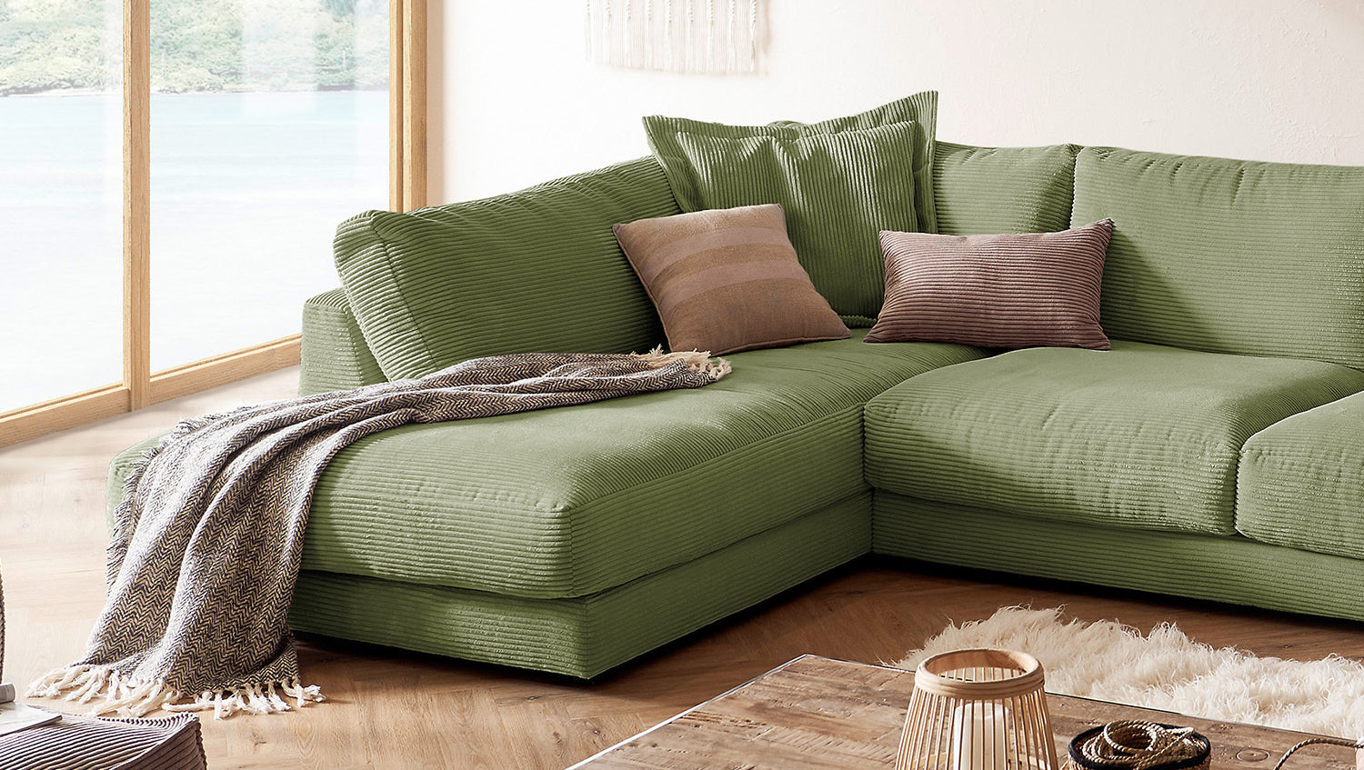 KAWOLA Sofa MADELINE Wohnlandschaft U-Form Cord olivgrün