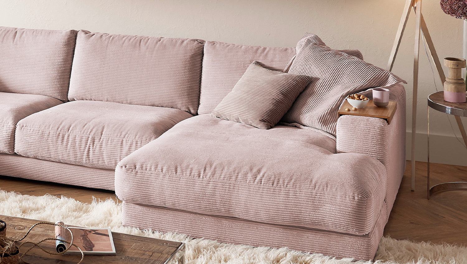 KAWOLA Sofa MADELINE Wohnlandschaft U-Form Cord rosa