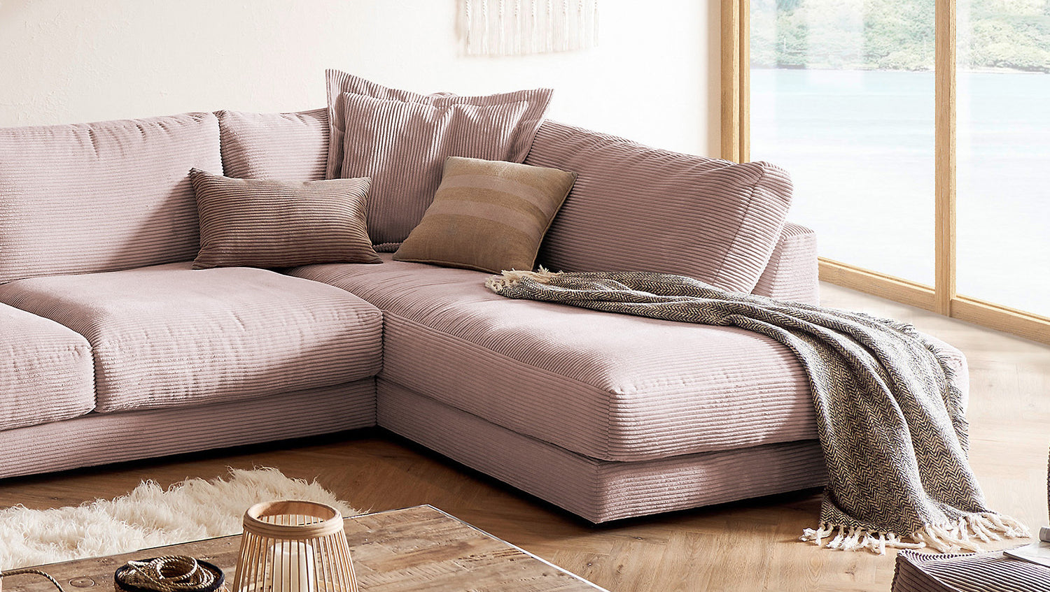 KAWOLA Sofa MADELINE Wohnlandschaft U-Form Cord rosa