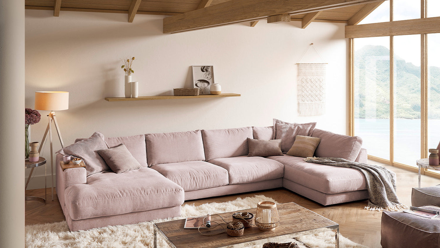 KAWOLA Sofa MADELINE Wohnlandschaft U-Form Cord rosa, Links