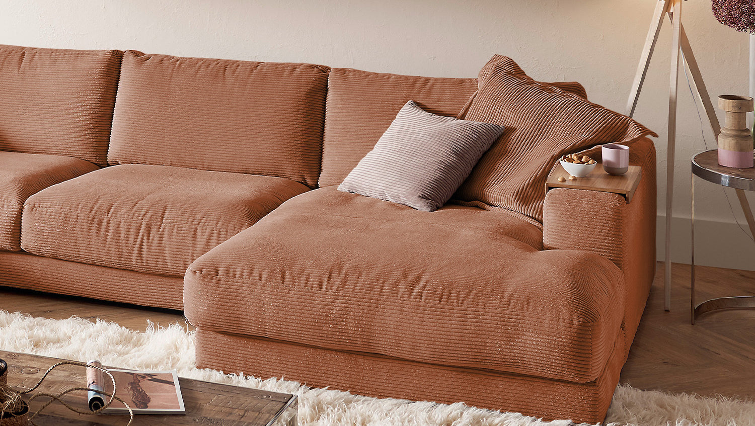 KAWOLA Sofa MADELINE Wohnlandschaft U-Form Cord rost