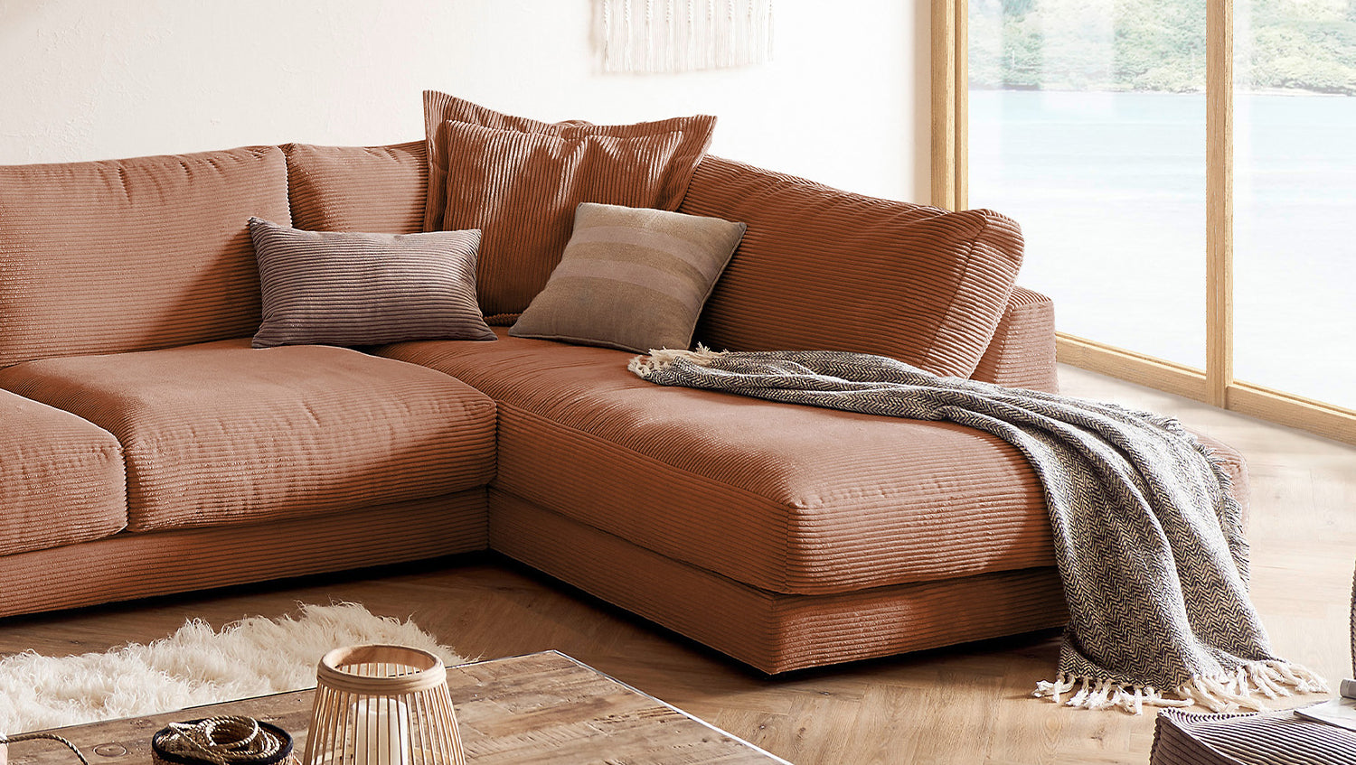 KAWOLA Sofa MADELINE Wohnlandschaft U-Form Cord rost