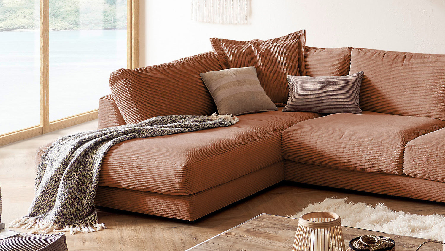 KAWOLA Sofa MADELINE Wohnlandschaft U-Form Cord rost