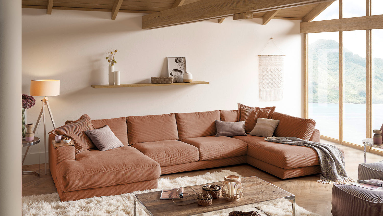KAWOLA Sofa MADELINE Wohnlandschaft U-Form Cord rost, Links