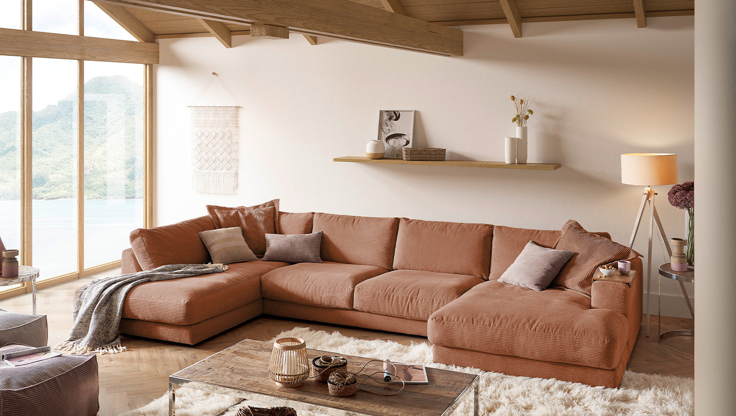 KAWOLA Sofa MADELINE Wohnlandschaft U-Form Cord rost, Rechts