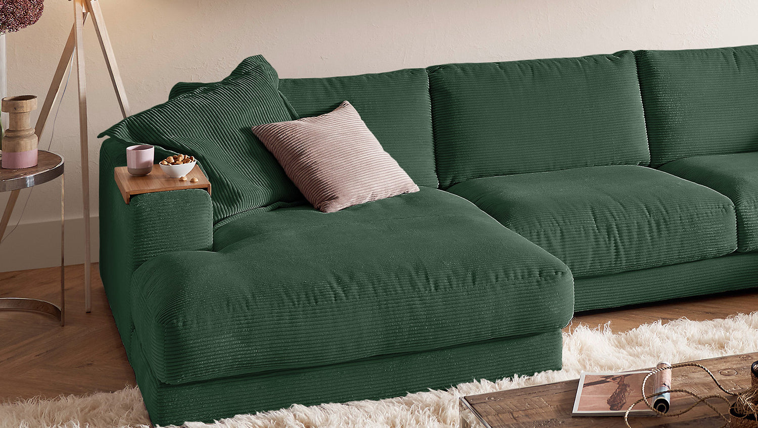 KAWOLA Sofa MADELINE Wohnlandschaft U-Form Cord smaragd