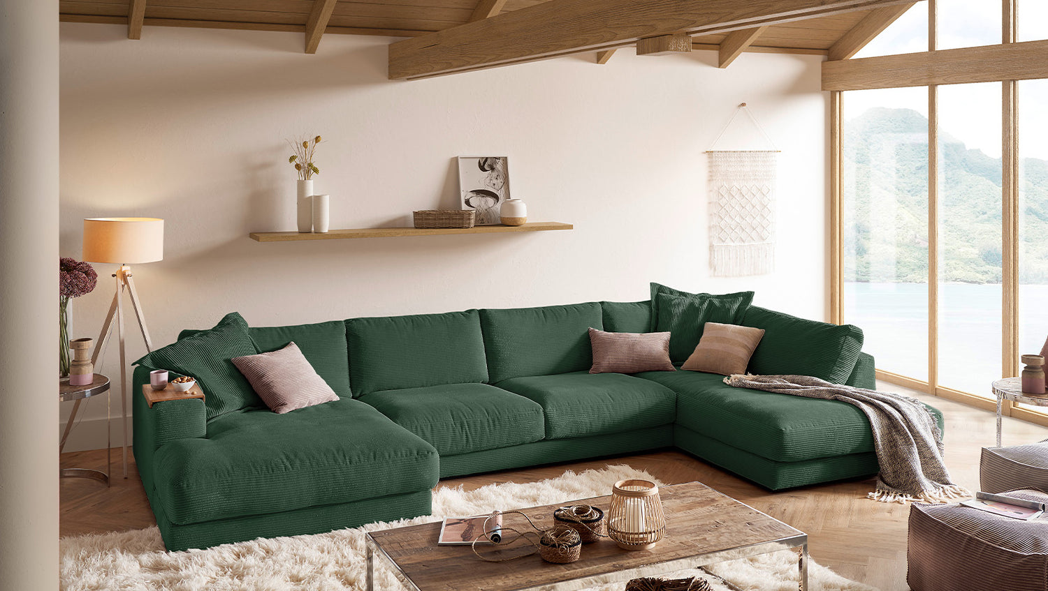 KAWOLA Sofa MADELINE Wohnlandschaft U-Form Cord smaragd, Links