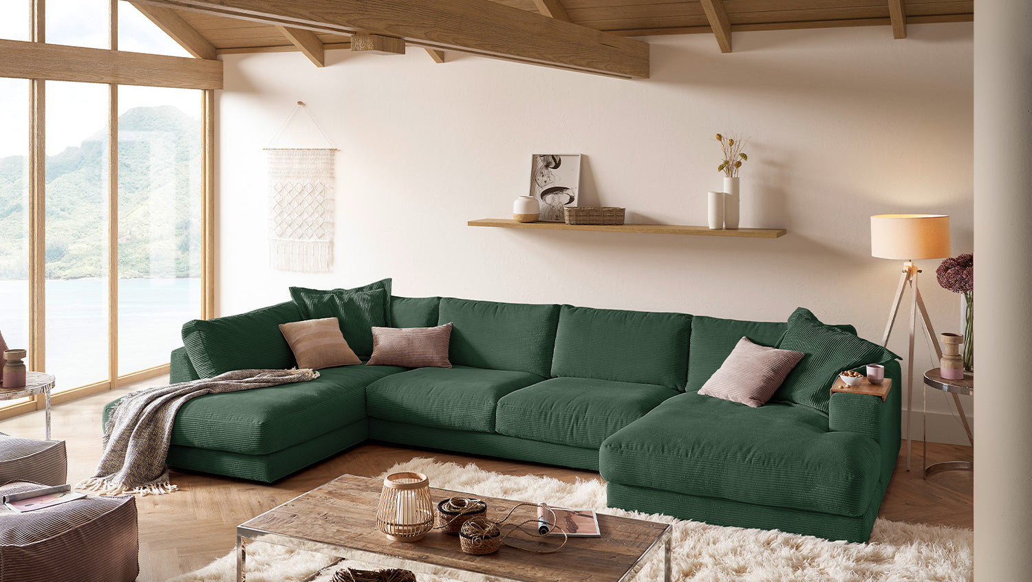 KAWOLA Sofa MADELINE Wohnlandschaft U-Form Cord smaragd, Rechts