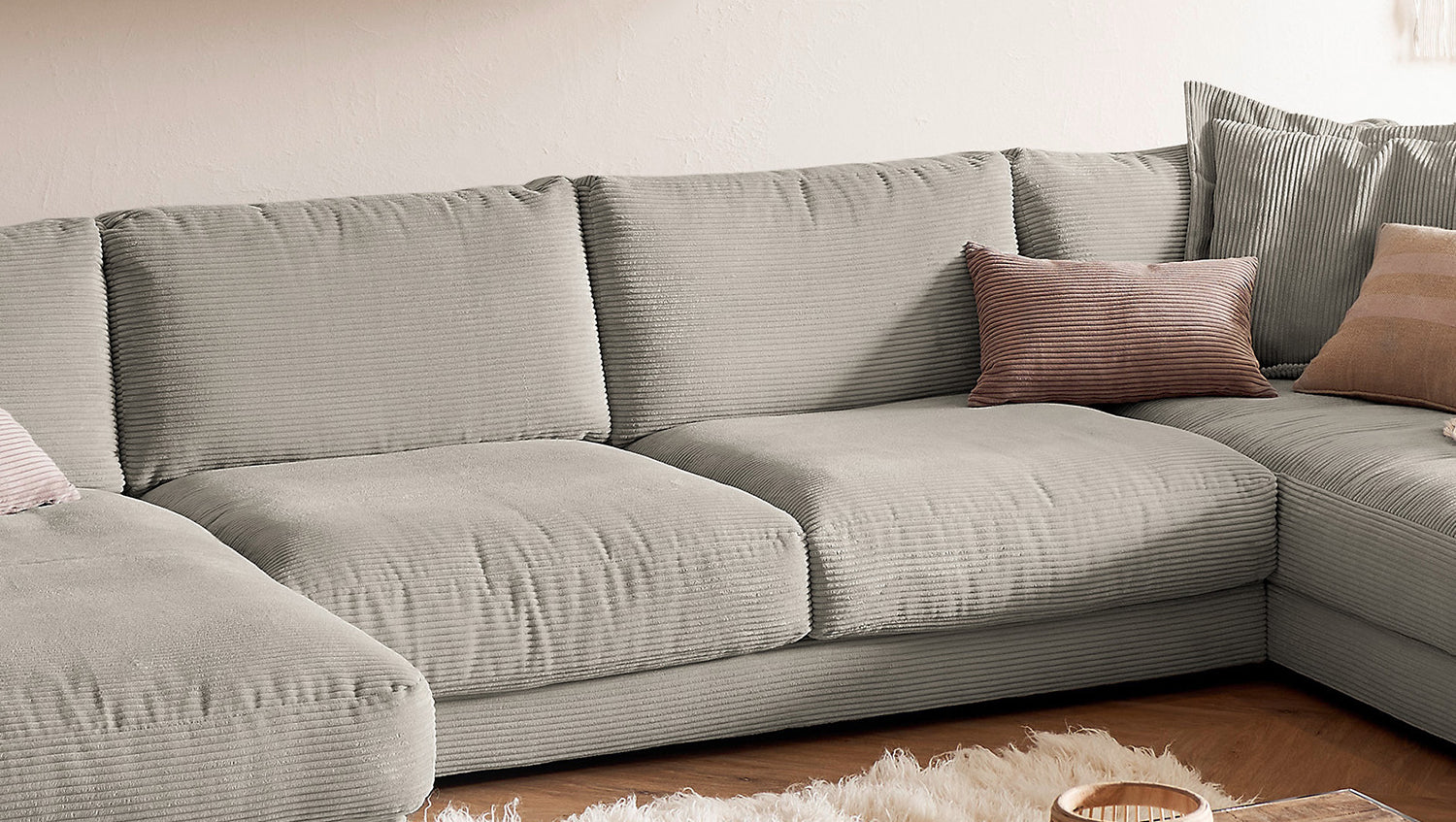 KAWOLA Sofa MADELINE Wohnlandschaft U-Form Cord steingrau