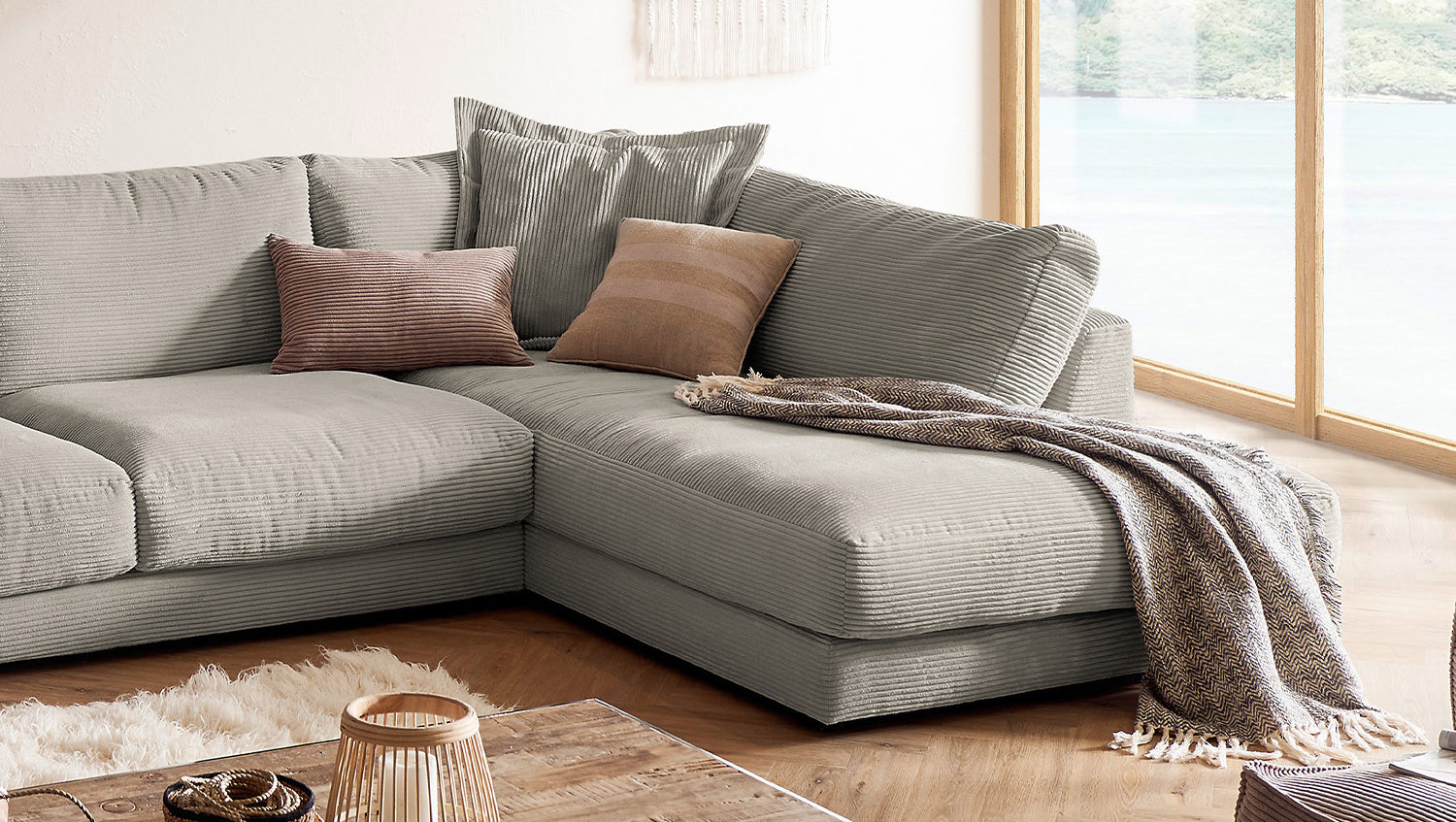 KAWOLA Sofa MADELINE Wohnlandschaft U-Form Cord steingrau