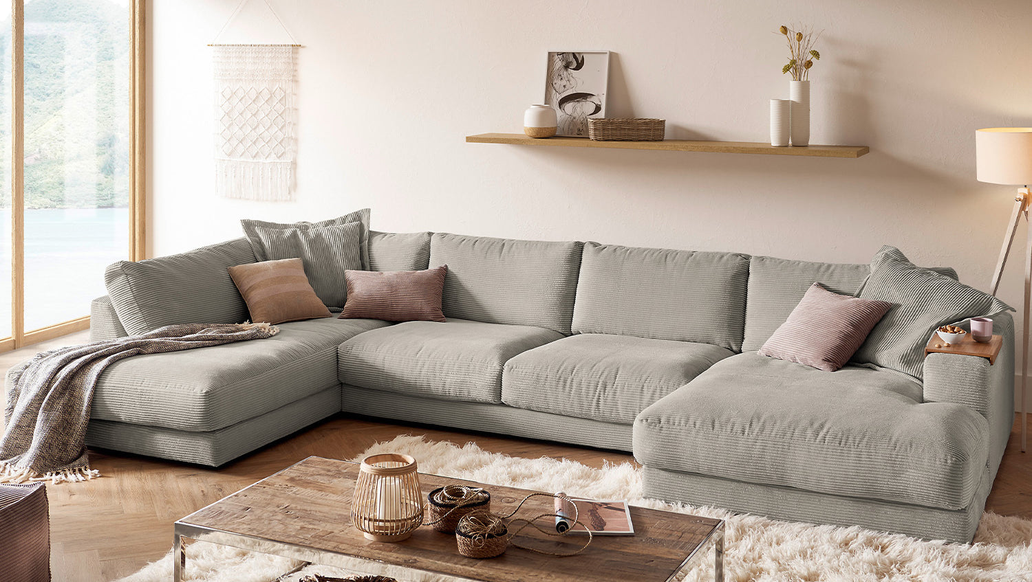 KAWOLA Sofa MADELINE Wohnlandschaft U-Form Cord steingrau