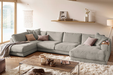 KAWOLA Sofa MADELINE Wohnlandschaft U-Form Cord steingrau