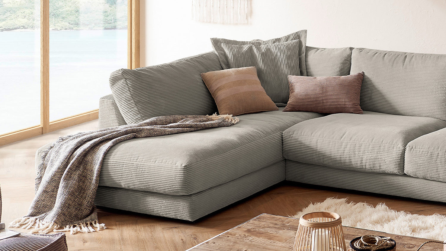 KAWOLA Sofa MADELINE Wohnlandschaft U-Form Cord steingrau