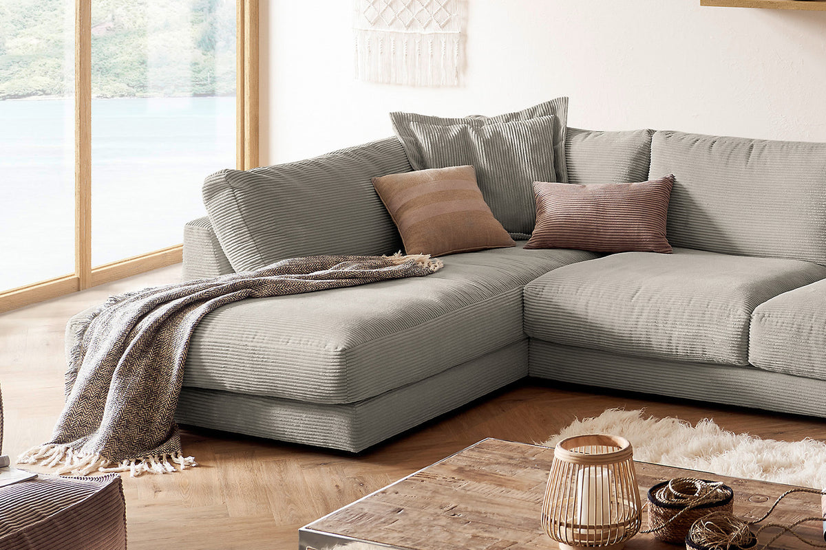 KAWOLA Sofa MADELINE Wohnlandschaft U-Form Cord steingrau
