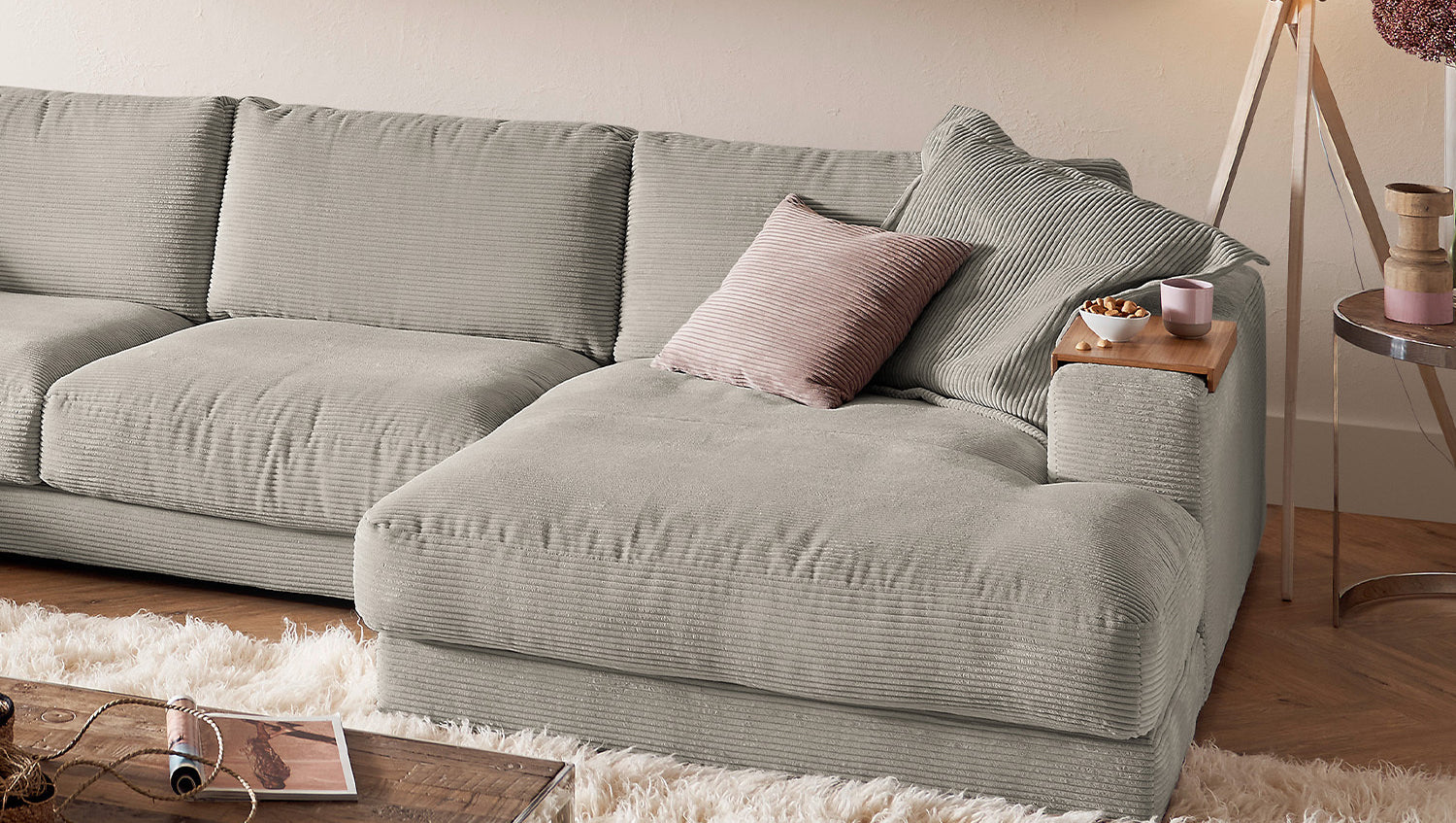 KAWOLA Sofa MADELINE Wohnlandschaft U-Form Cord steingrau