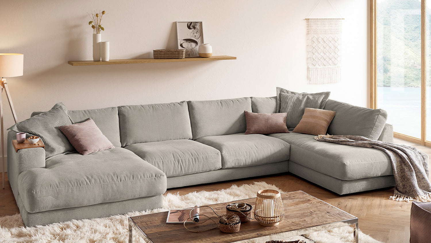 KAWOLA Sofa MADELINE Wohnlandschaft U-Form Cord steingrau