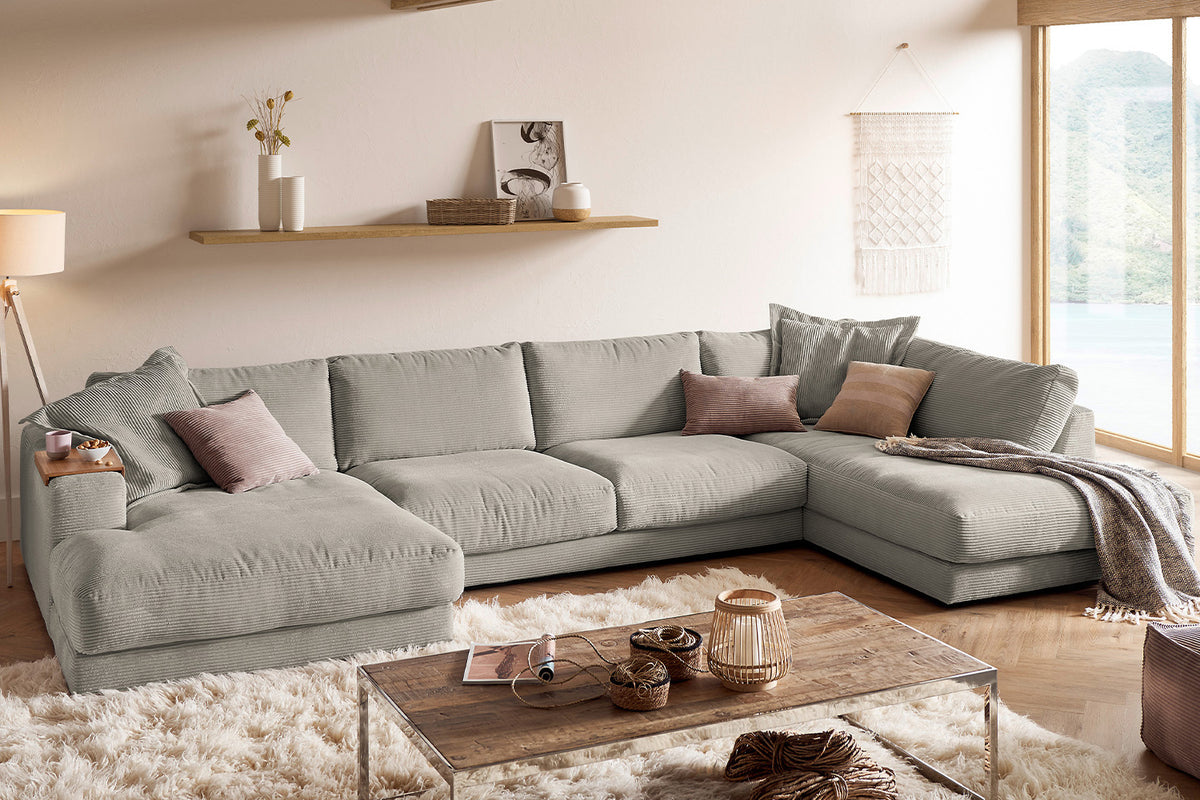 KAWOLA Sofa MADELINE Wohnlandschaft U-Form Cord steingrau