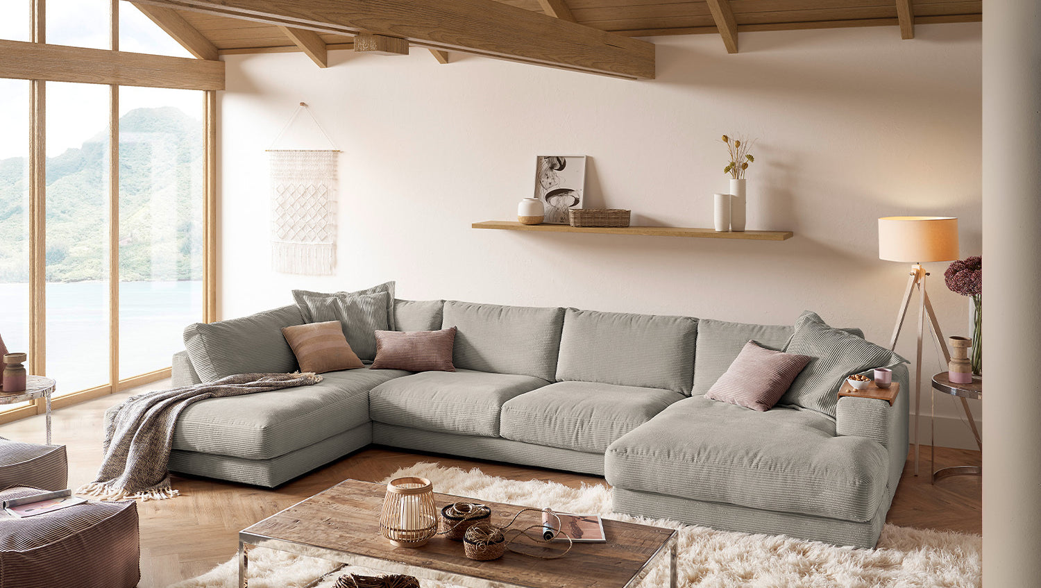 KAWOLA Sofa MADELINE Wohnlandschaft U-Form Cord steingrau, Rechts