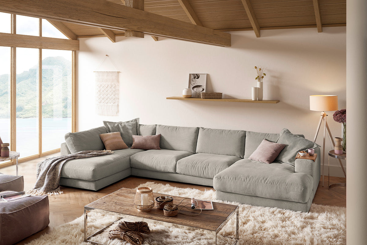 KAWOLA Sofa MADELINE Wohnlandschaft U-Form Cord steingrau, Rechts