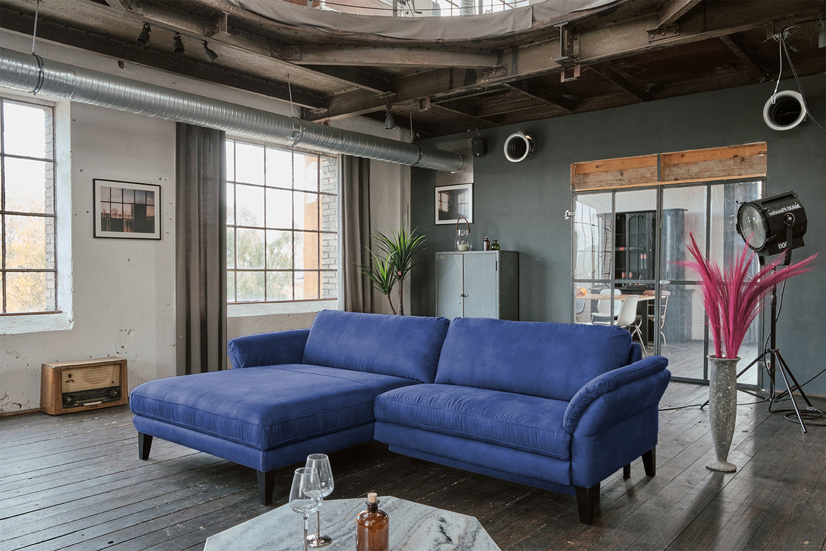 KAWOLA Sofa MALTA Ecksofa Stoff blau, Links, Ohne Zusatzausstattung, Relaxfunktion