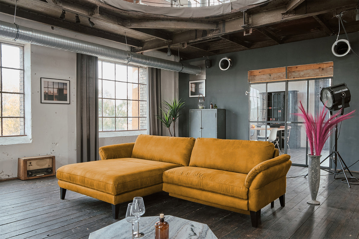 KAWOLA Sofa MALTA Ecksofa Stoff gold, Links, Mit Kopfstütze, Relaxfunktion