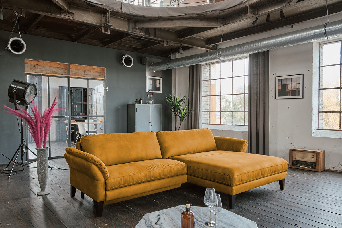 KAWOLA Sofa MALTA Ecksofa Stoff gold, Rechts, Ohne Zusatzausstattung, Relaxfunktion