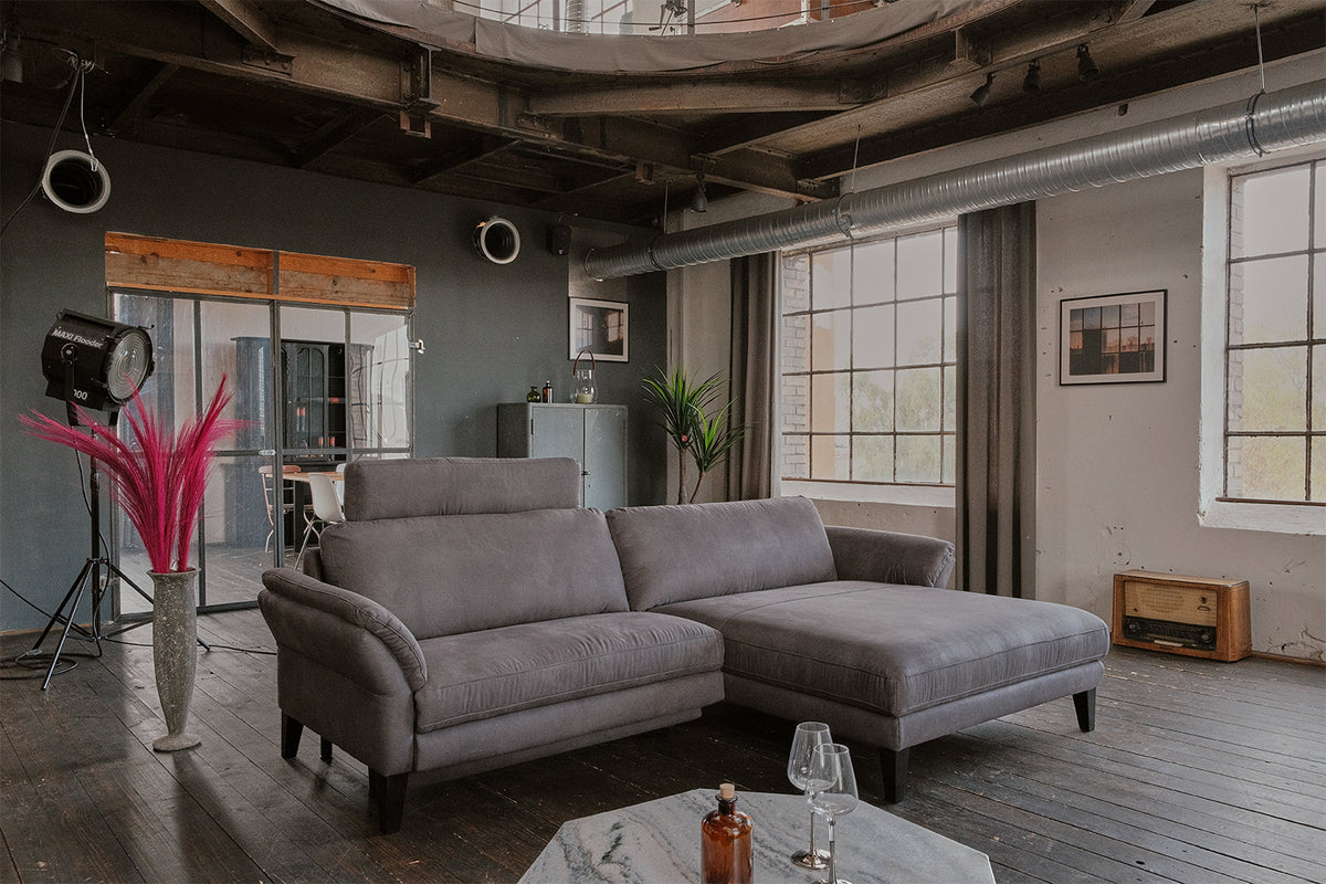 KAWOLA Sofa MALTA Ecksofa Stoff grau, Rechts, Mit Kopfstütze, Ohne Komfortfunktion