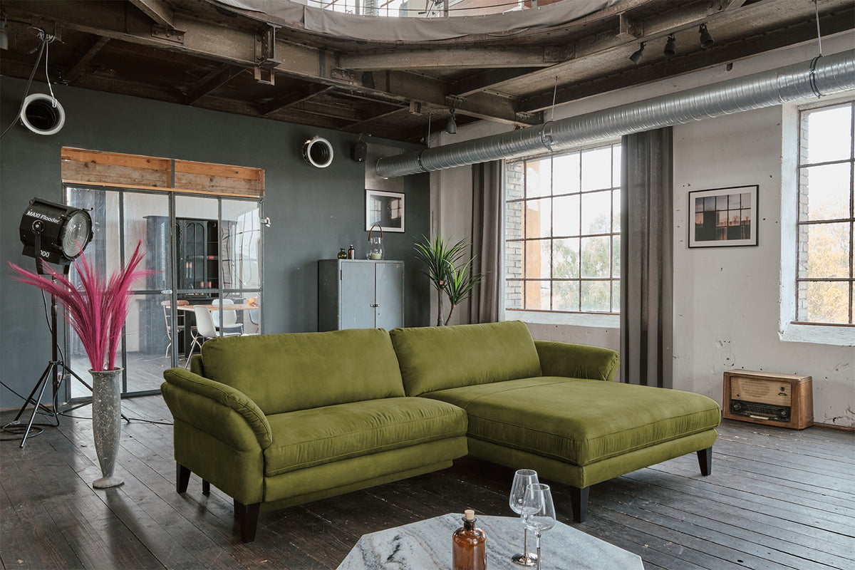KAWOLA Sofa MALTA Ecksofa Stoff moosgrün, Rechts, Ohne Zusatzausstattung, Ohne Komfortfunktion