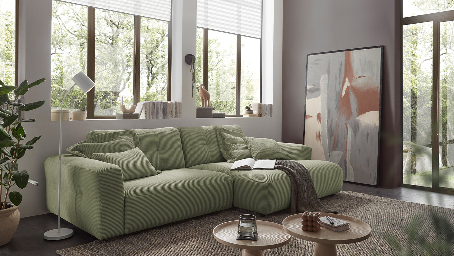 KAWOLA Sofa MIKA Ecksofa Cord olivgrün, 296 x 167, Rechts