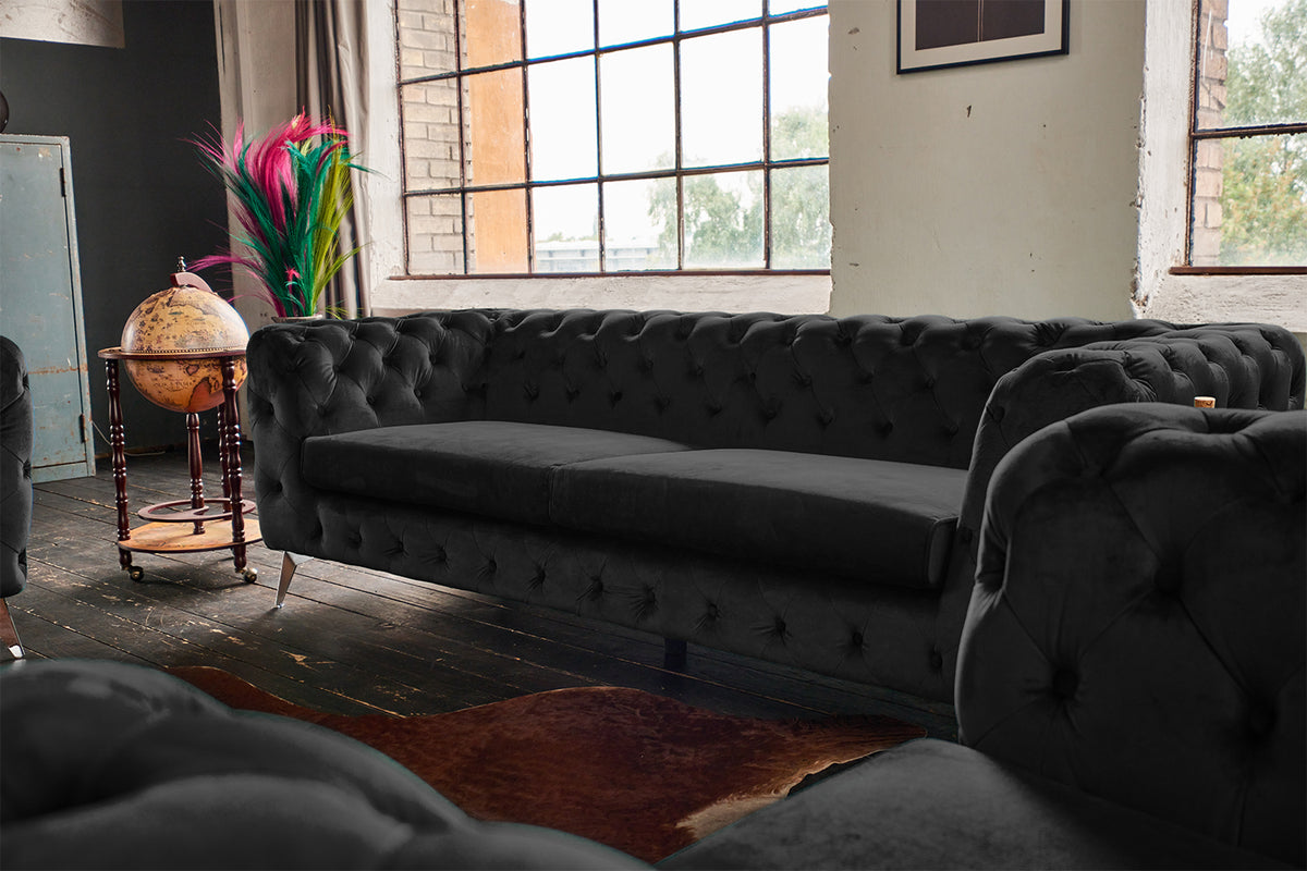 KAWOLA Sofa NARLA Chesterfield 3-Sitzer Velvet schwarz