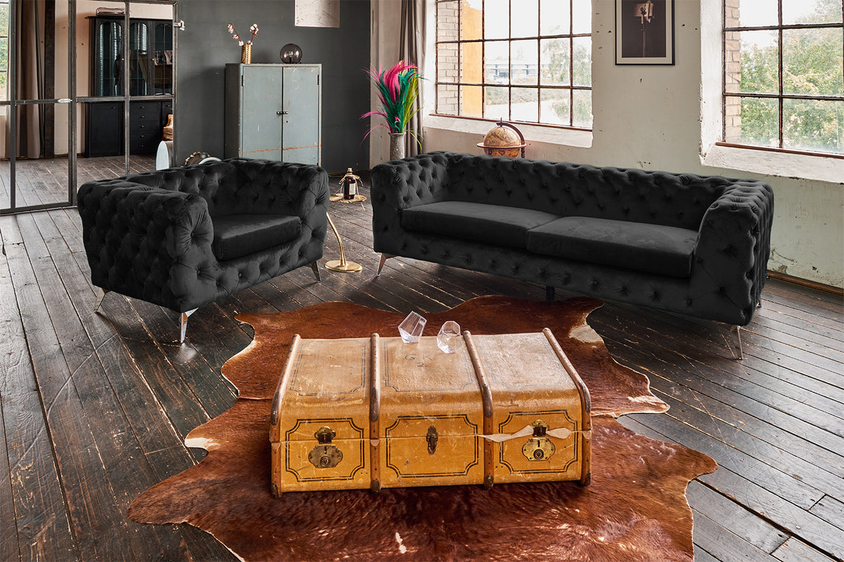 KAWOLA Sofa NARLA Chesterfield 3-Sitzer Velvet schwarz