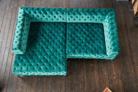 KAWOLA Sofa NARLA Ecksofa Chesterfield Stoff velvet grün Recamiere links