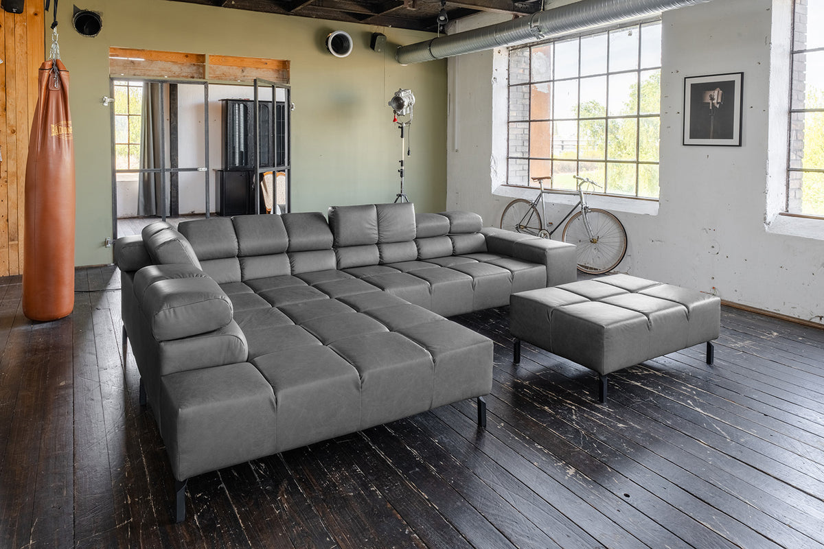 KAWOLA Sofa NELSON Ecksofa Leder anthrazit, Links, Mit Fußhocker, Relaxfunktion