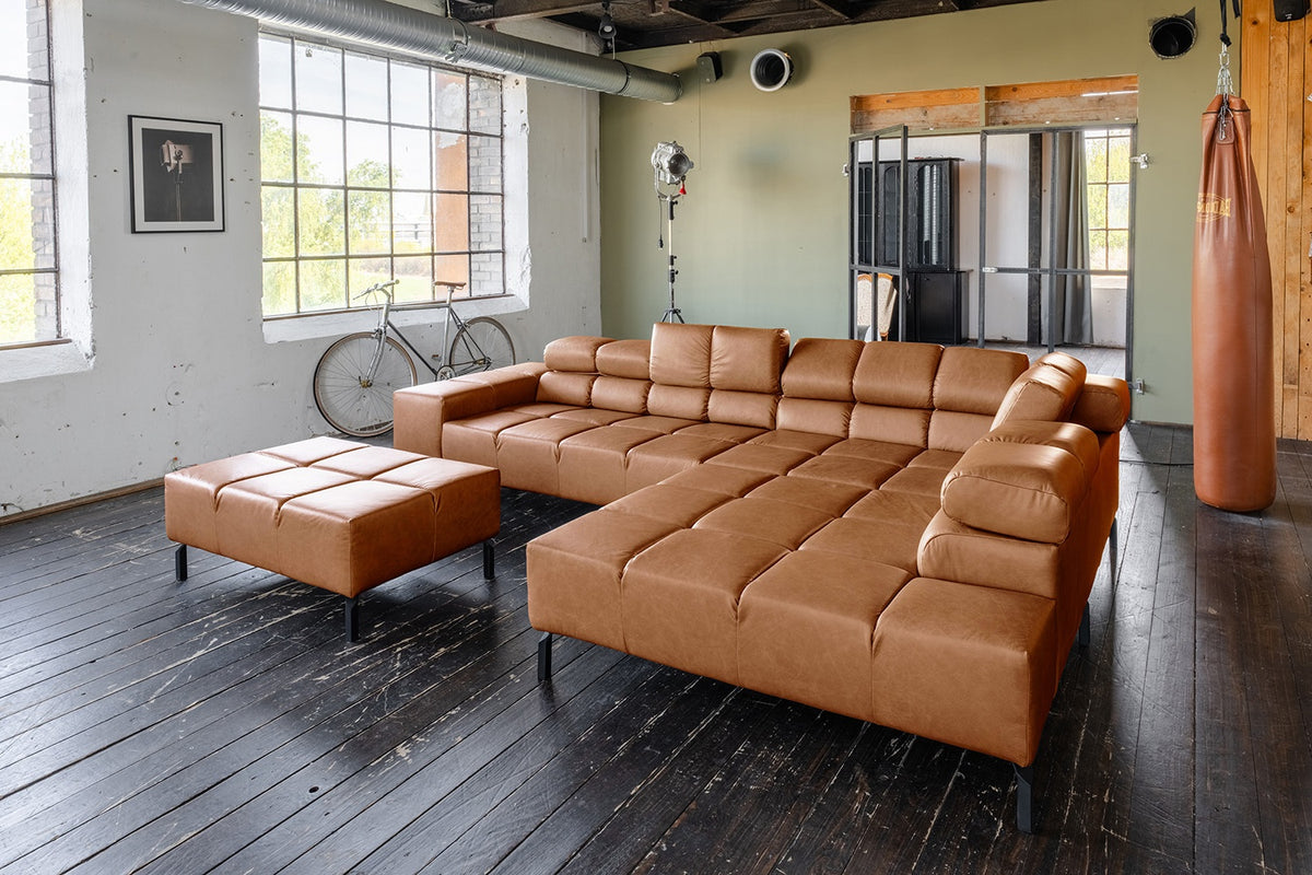 KAWOLA Sofa NELSON Ecksofa Leder cognac, Rechts, Mit Fußhocker, Relaxfunktion