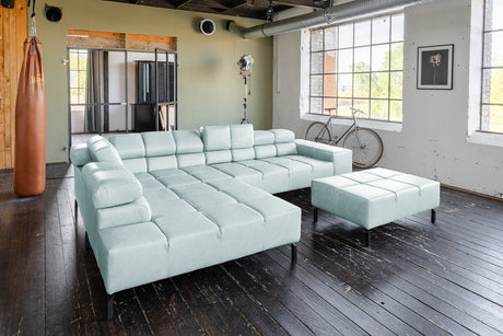 KAWOLA Sofa NELSON Ecksofa Leder hellblau, Links, Mit Fußhocker, Ohne Komfortfunktion