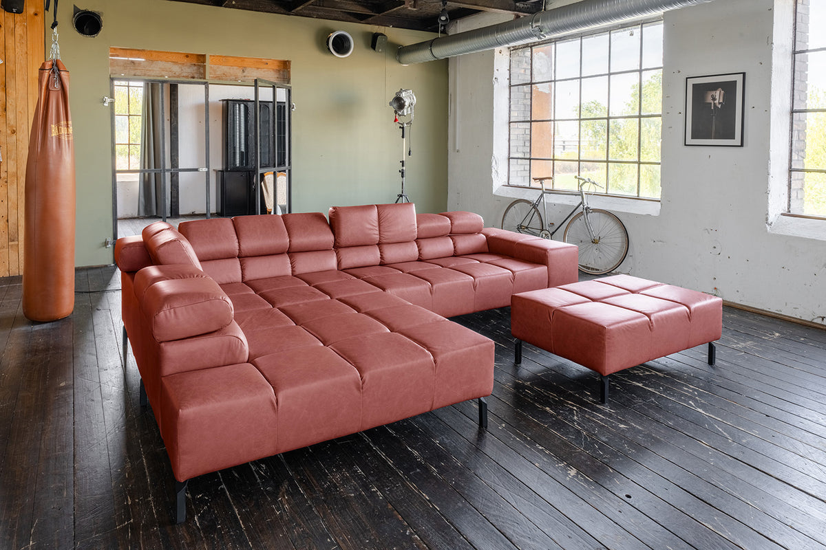 KAWOLA Sofa NELSON Ecksofa Leder rot, Links, Mit Fußhocker, Ohne Komfortfunktion