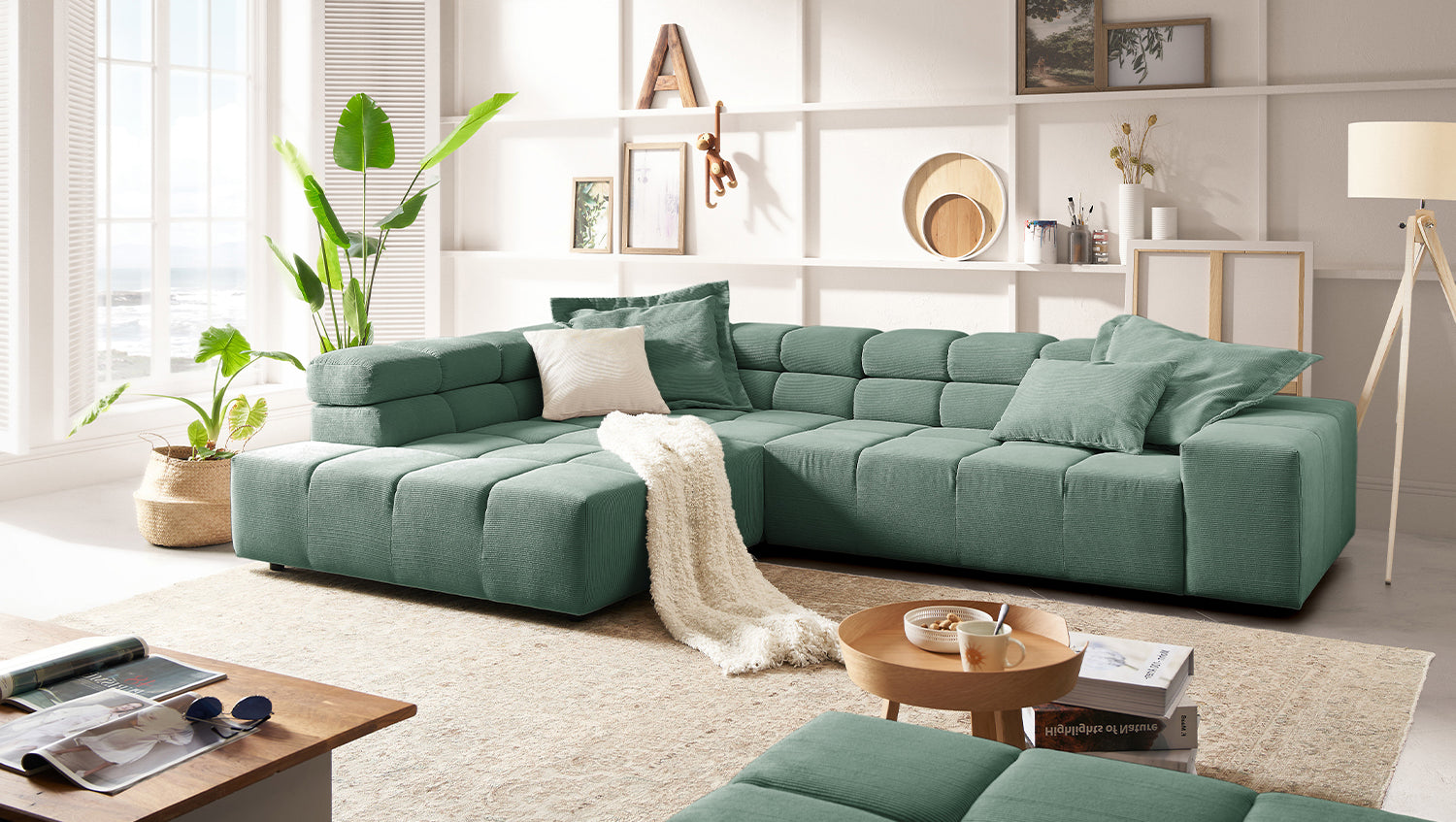 KAWOLA Sofa NEVADA Ecksofa Feincord grün, Links, Ohne Komfortfunktion