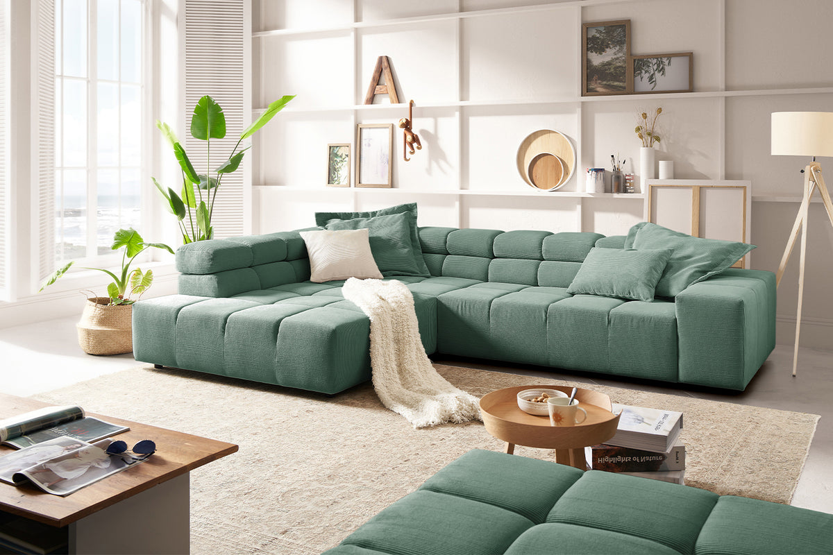 KAWOLA Sofa NEVADA Ecksofa Feincord grün, Links, Ohne Komfortfunktion