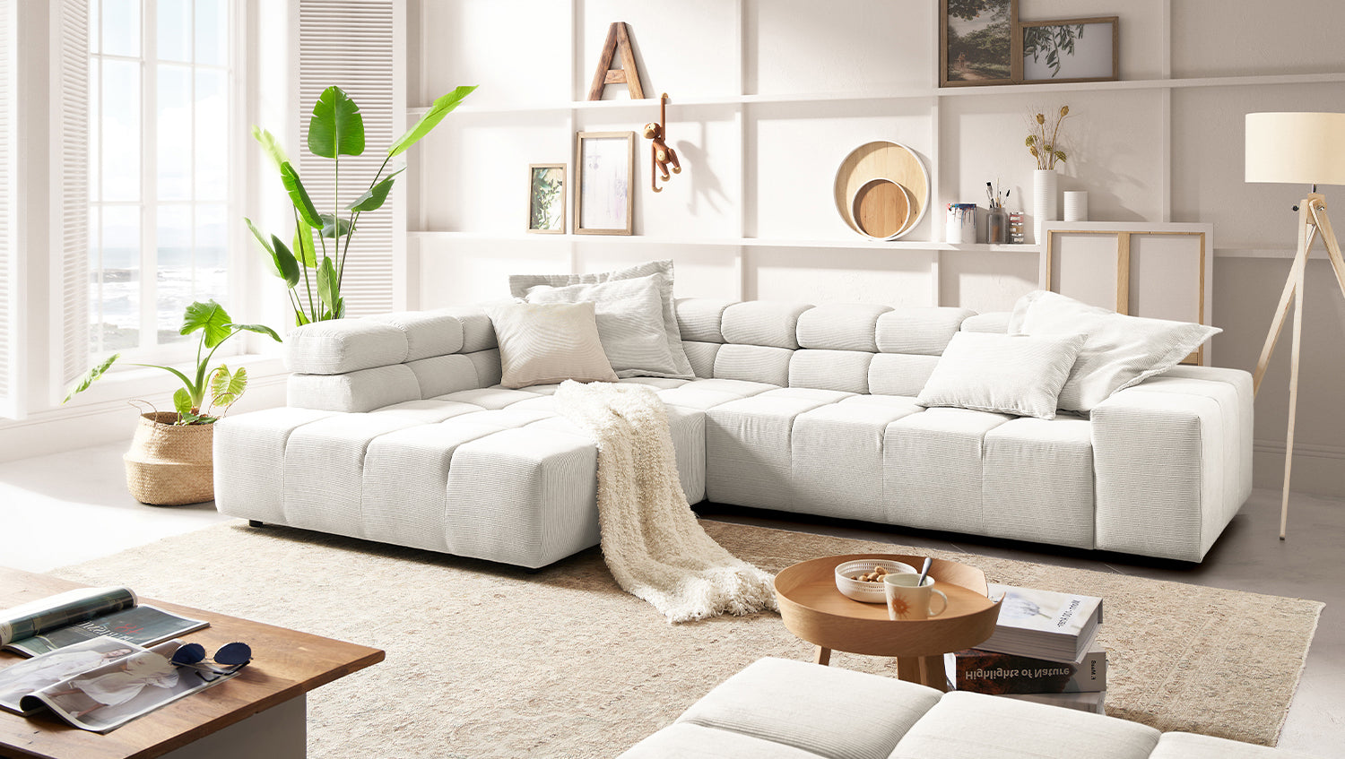 KAWOLA Sofa NEVADA Ecksofa Feincord weiß, Links, Relaxfunktion