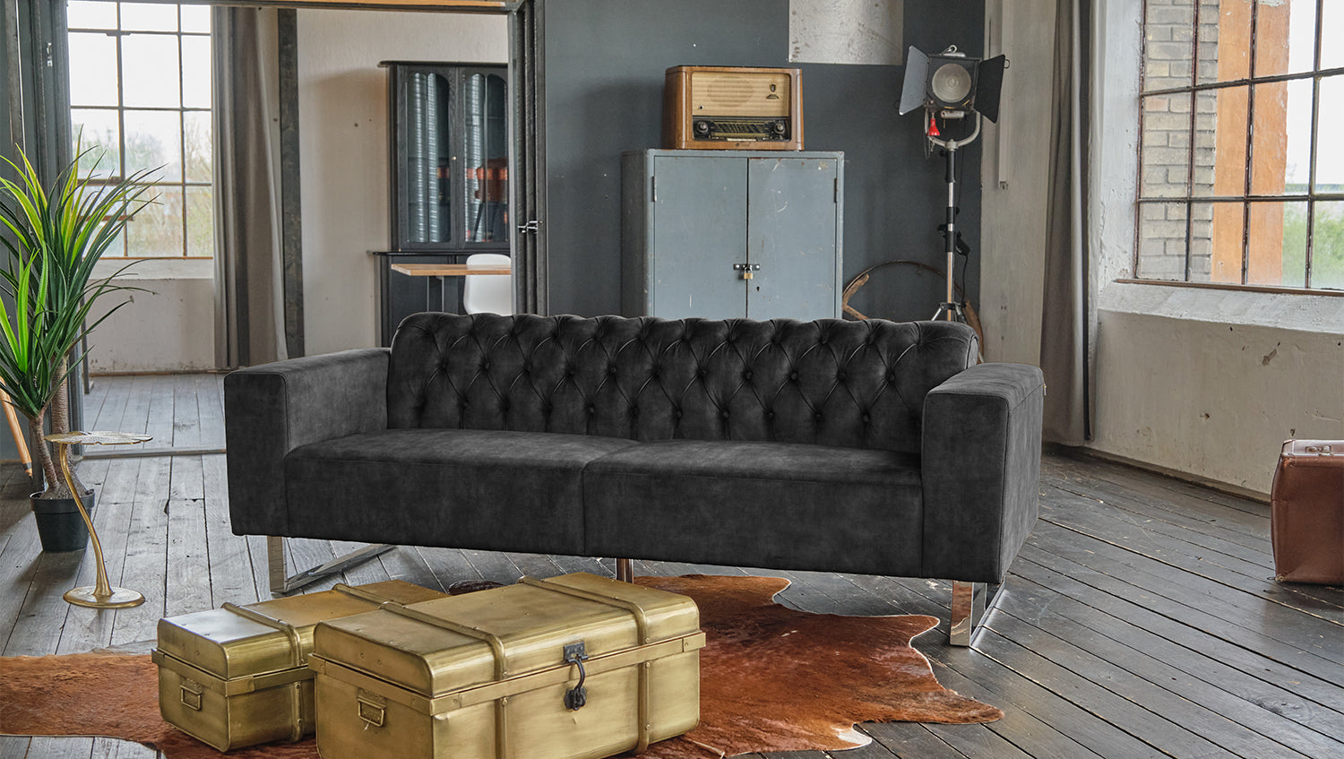 KAWOLA Sofa NILO 3-Sitzer Velvet Vintage anthrazit