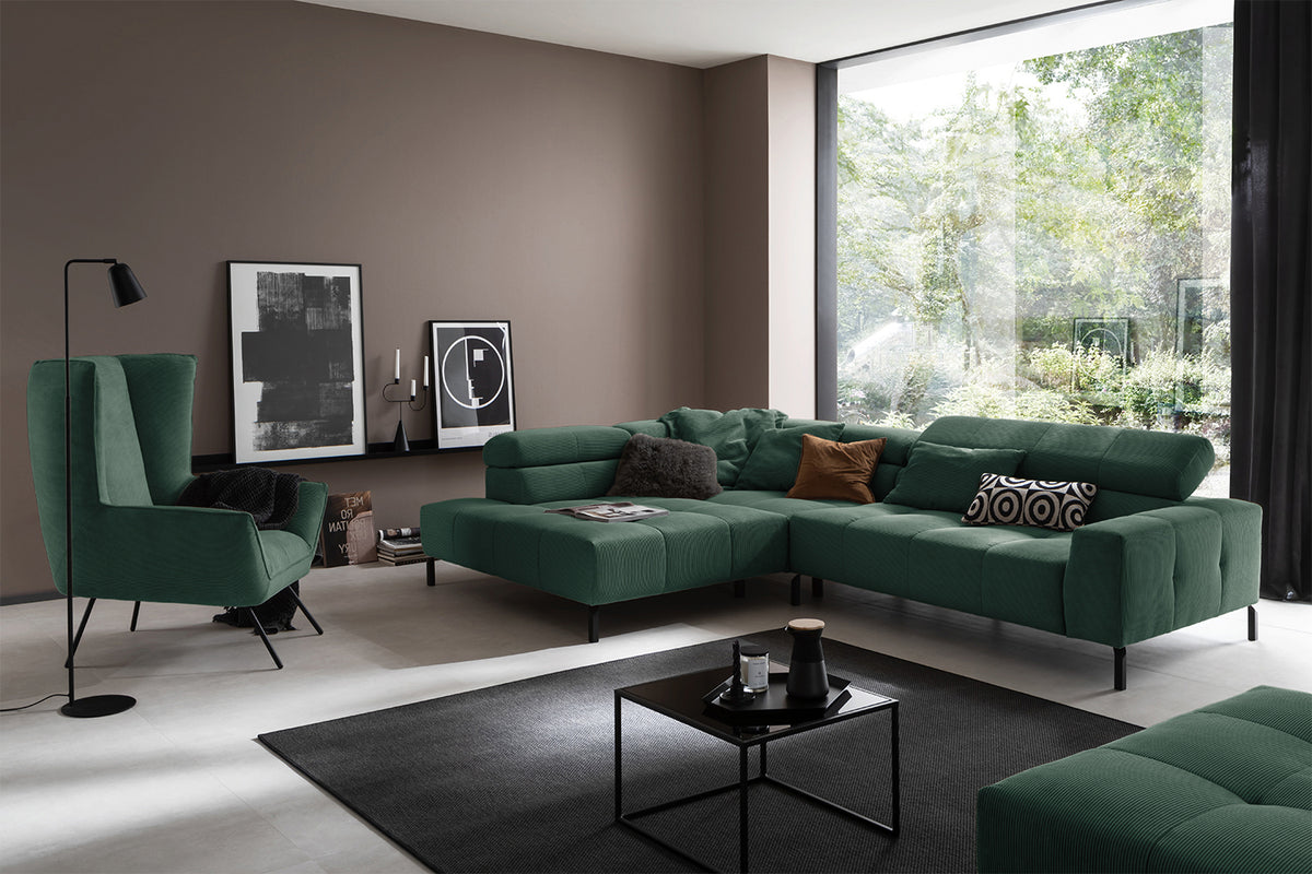 KAWOLA Sofa OHIO Ecksofa Feincord grün, Links, Ohne Komfortfunktion