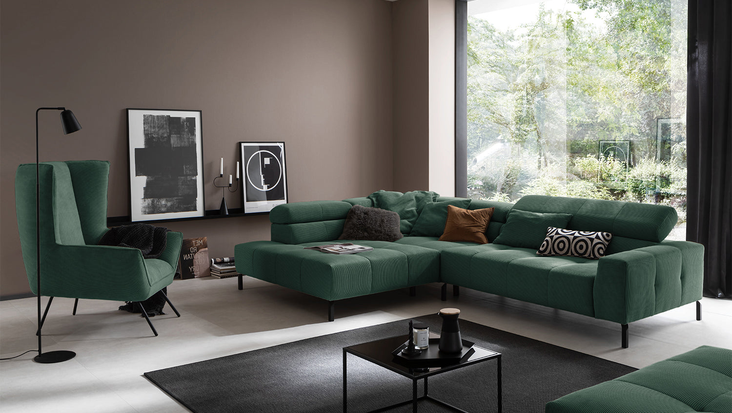 KAWOLA Sofa OHIO Ecksofa Feincord grün, Links, Relaxfunktion