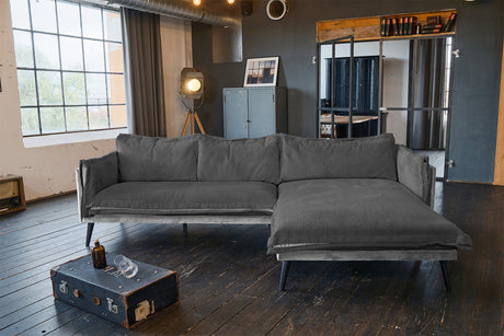 KAWOLA Sofa QUENYA Ecksofa Cord dunkelgrau / Velvet silber
