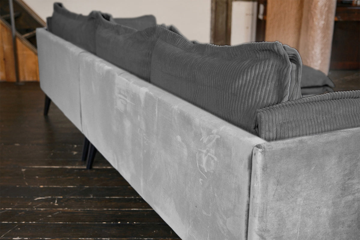 KAWOLA Sofa QUENYA Ecksofa Cord dunkelgrau / Velvet silber