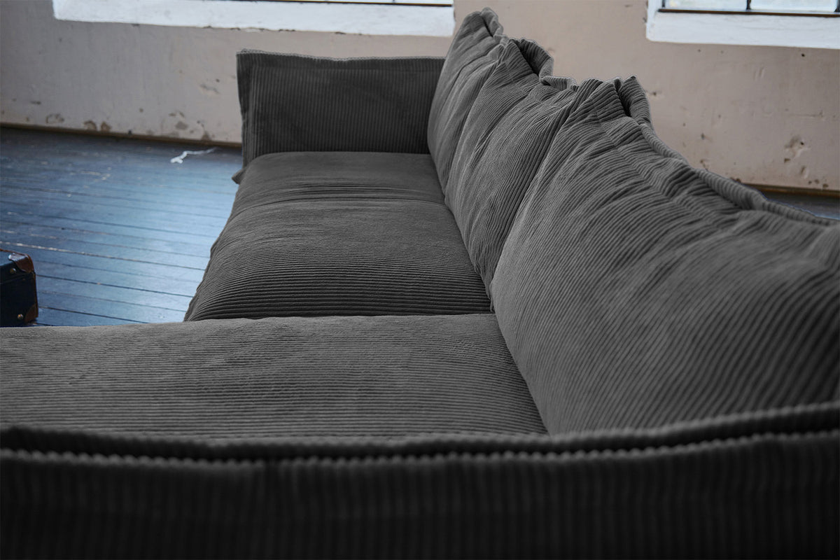 KAWOLA Sofa QUENYA Ecksofa Cord dunkelgrau / Velvet silber