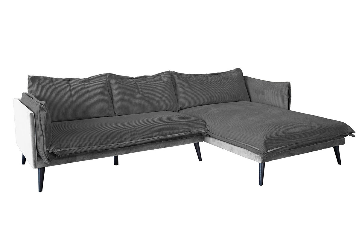KAWOLA Sofa QUENYA Ecksofa Cord dunkelgrau / Velvet silber